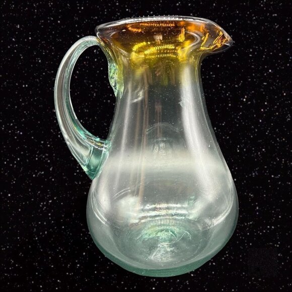 Handblown Art Glass Pitcher Clear w Brown Ombre Applied Handle 9”T 5”W - Picture 10 of 12